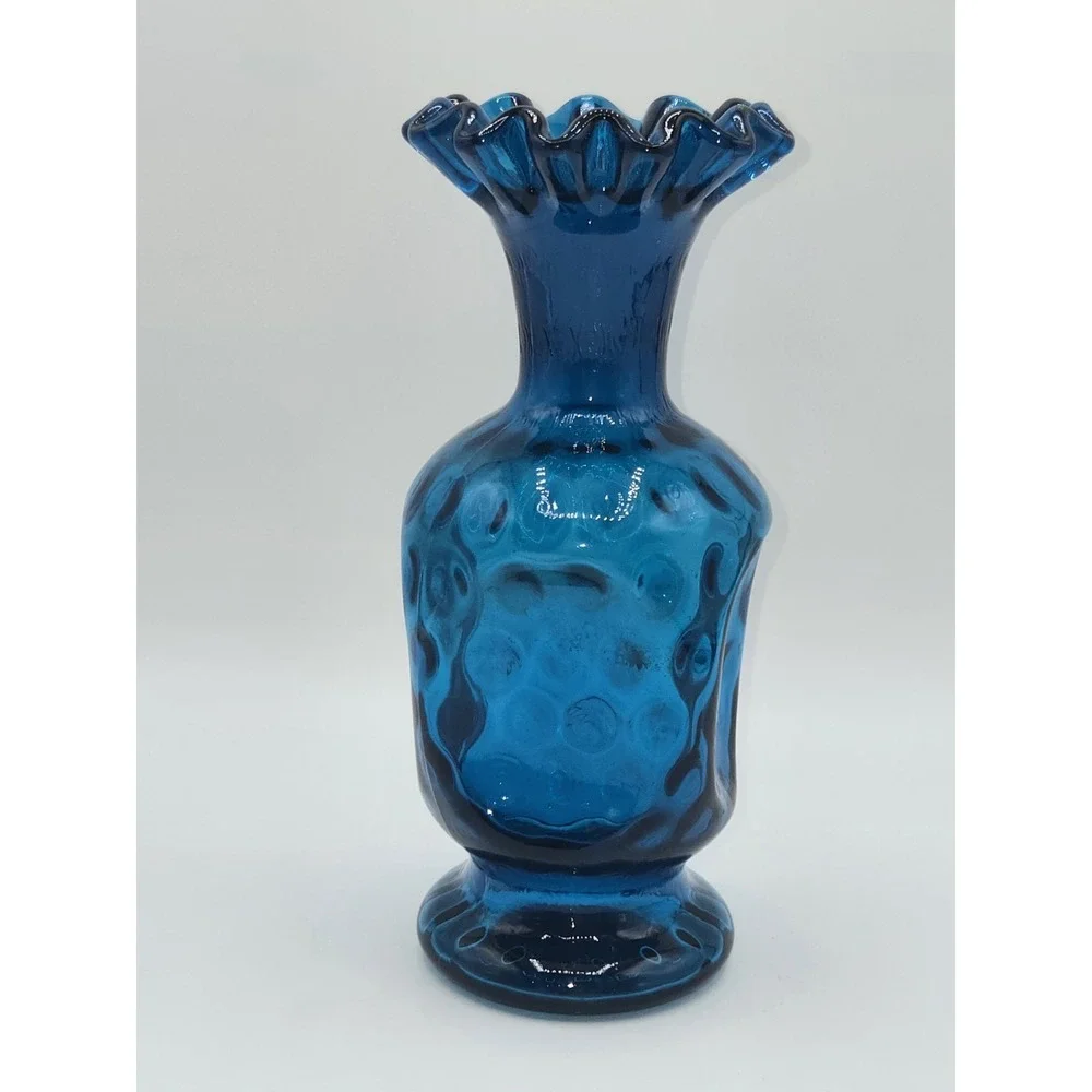 Fenton Jamestown Blue Coin Dot Art Glass Vase Ruffled Rim